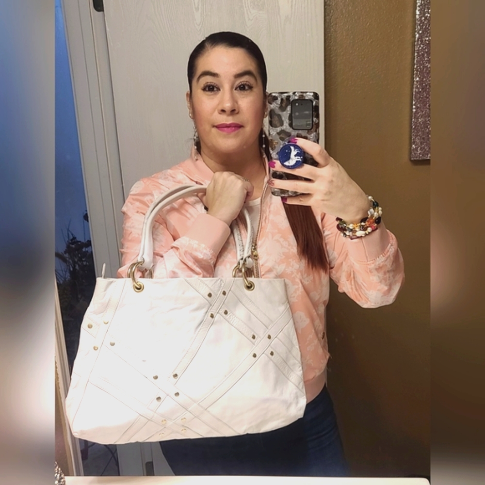 Via Spiga White Leather Bag with Gold Studs